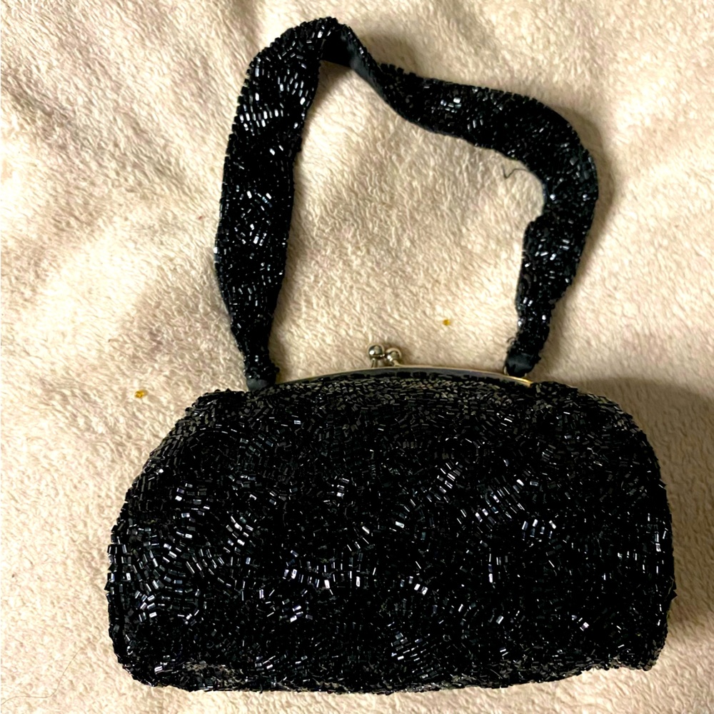 Vintage Valerie Stevens Black Beaded Purse Kiss Snap Closure